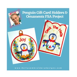 Hangende pinguïn kerstcadeaukaarthouders en FSA-ornamenten - 5 x 7 machineborduurontwerpen van Holly's Embroidery Designs 10115