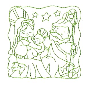 May include: A line drawing of the nativity scene with Mary, Joseph, and baby Jesus. The drawing is in green and white and features a star above the family.