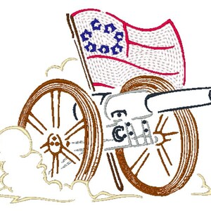 Könnte beinhalten: Eine braune Kanone mit einem weißen Lauf und Rädern, die mit Rauch aus dem Lauf feuert. Hinter der Kanone befindet sich eine rot-weiß-blaue Flagge mit Sternen.