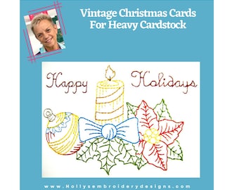 Vintage Christmas Cards Set - Retro Holiday Greetings for Machine Embroidery - 8 Designs in Redwork style in Pet Dst His and Jef 11061