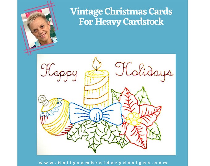 Vintage Christmas Cards Set - Retro Holiday Greetings for Machine Embroidery - 8 Designs in Redwork style in Pet Dst His and Jef 11061