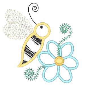 May include: An embroidery design featuring a yellow and black striped bee with a single black antenna and a textured wing. Beside the bee is a light blue flower with a yellow centre and two green, spiralled, fern-like stems.