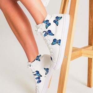 Custom High Top Blue butterfly shoes, Canvas sneakers , custom printed Orange butter fly Hi Top shoes , made to order pink butterfly shoes