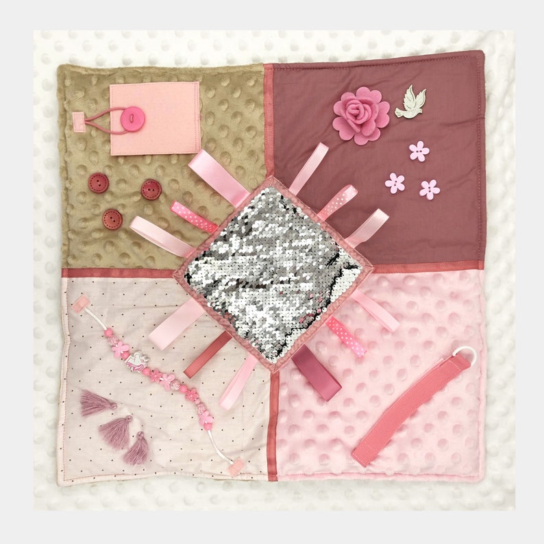 Handmade cotton sensory blanket in Pink, Dusty pink, Beige and white colors handmade cotton sensory blanket. Size 45x45cm (18x18 inches) is very comfortable for tummy time. Quite fluffy and very soft. Pink Sensory Activity Mat: Montessori Baby Girl 1 Birthday Gift, Soft Tummy Time Blanket Baby Activity Toy for Fine Motor Skills Development