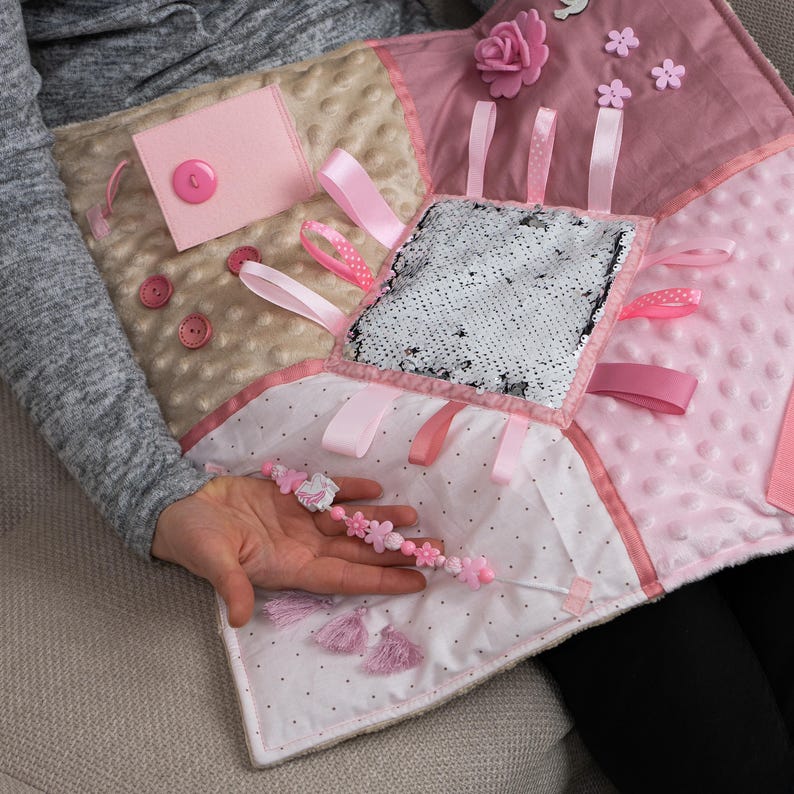 Pink Sensory Activity Mat: Montessori Baby Girl 1 Birthday Gift, Soft Tummy Time Blanket Baby Activity Toy for Fine Motor Skills Development image 12