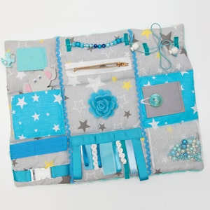 Giocattolo sensoriale per neonati, regalo per baby shower nei colori blu, coperta per attività per neonati, giocattolo tattile per neonati, morbido tappetino sensoriale, coperta per attività, libro silenzioso