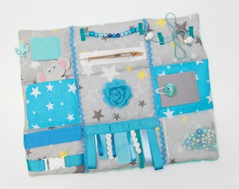 Baby Sensory Activity Quilt: Montessori Quiet Book, Blue Colors Toy for Fine Motor Skills Development, Baby Shower Gift, Soft Fidget Mat