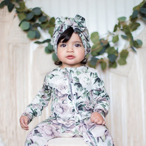 Footie + Hat, bamboo zipper ruffle footie, onesie, newborn gift set, newborn outfit, toddler turban, headwraps, baby bows, peony, floral hat