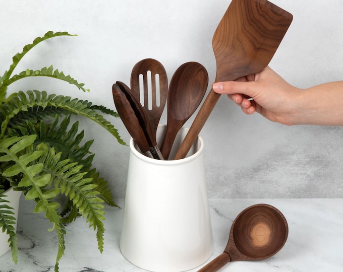 Walnut Wood Kitchen Utensil Set Plastic Free, Wooden Spoon Ladle Spatula Whisk, Mother's Day Gift, Natural Wooden Kitchen Tools, Non-toxic