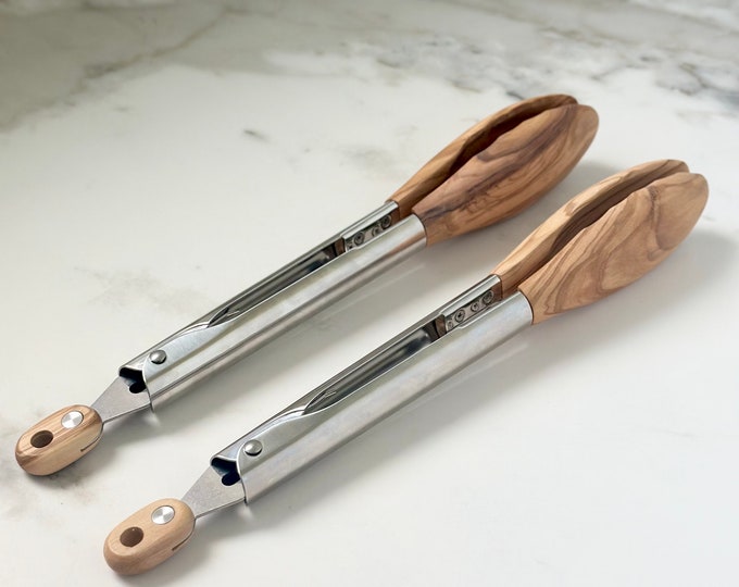 Olive Wood Salad Tongs: Stainless Steel Kitchen Serving Utensils, Gift Under 30, Kitchen Gifts