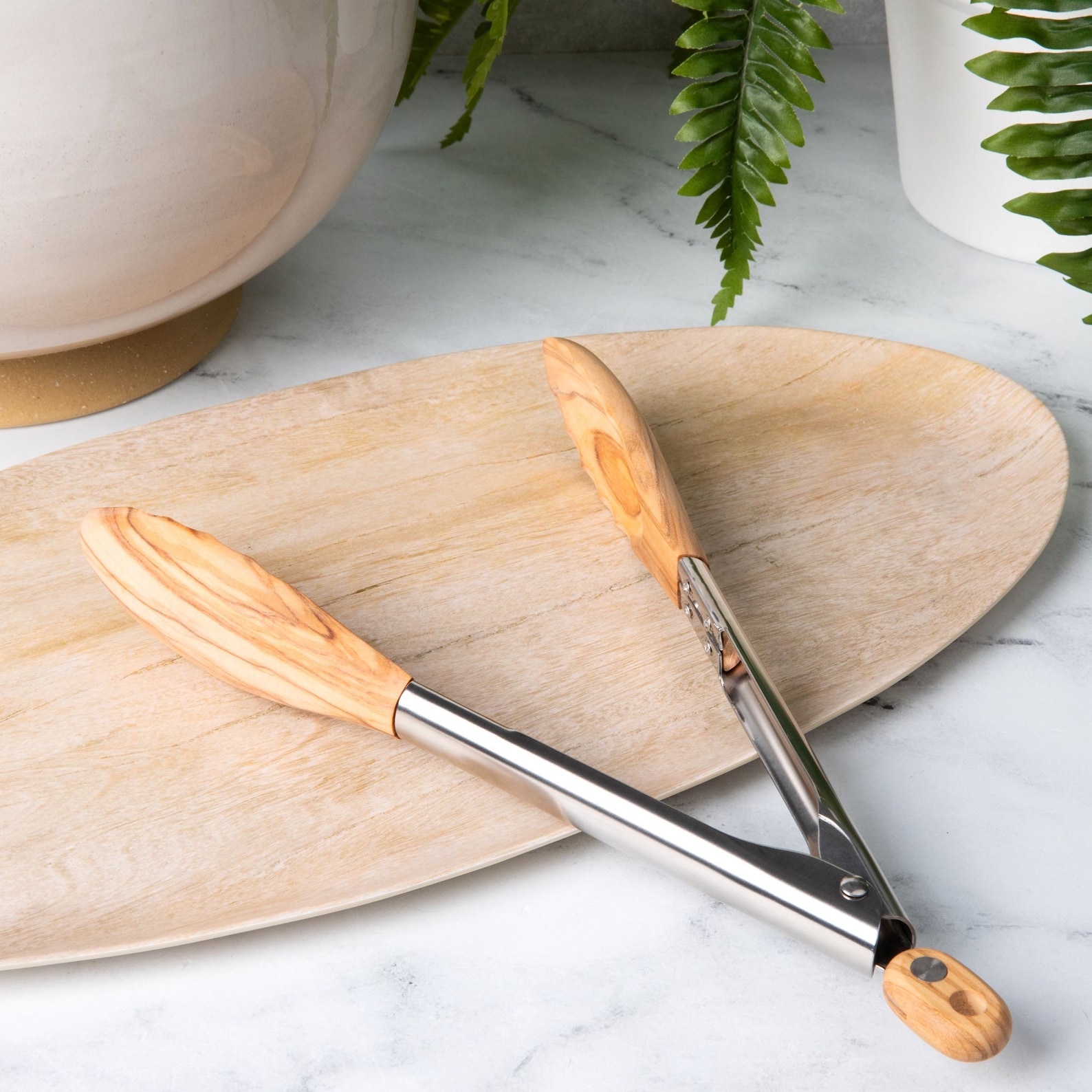 Olive Wood Serving Tongs: Stainless Steel Kitchen Utensils, Gift Under 30