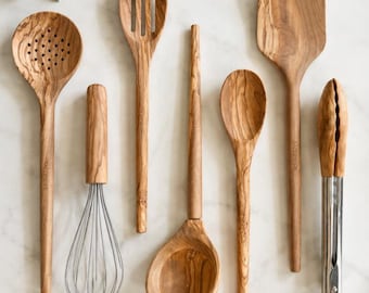 Olive Wood Kitchen Utensil Set: Natural Cooking Tools - Nontoxic, Plastic free, Microplastic free, Kitchen Wedding Gift, Kitchen Essentials