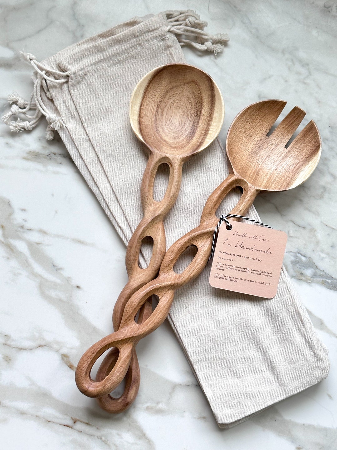 Wood Salad Servers, Handmade Wooden Tongs, Eco-Friendly Kitchen Utensils, Spoon Fork, Housewarming Gift, Wedding Registry, Gift Set Under 30