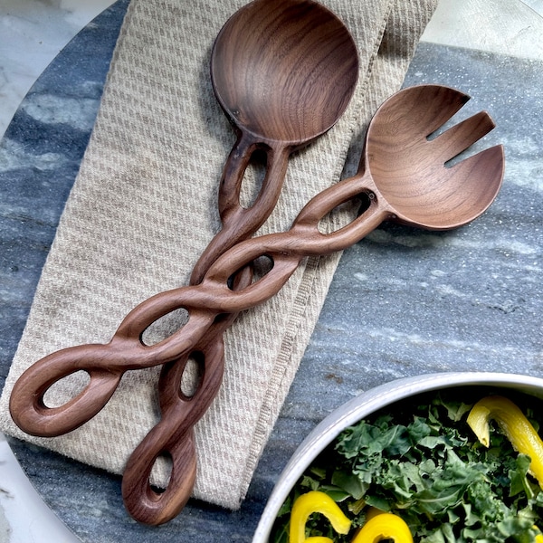 Twisted Wooden Salad Tongs, Kitchen Tongs for Serving, Non-Toxic Cooking Tool, Gift for Her or Mom, Kitchen Essential, Handmade Kitchen Gift