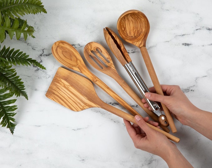 Olive Wood Kitchen Utensil Set for Non-Toxic Cooking, Eco-Friendly Wooden Spoon Ladle Spatula Whisk, Housewarming Gift, Natural Utensils