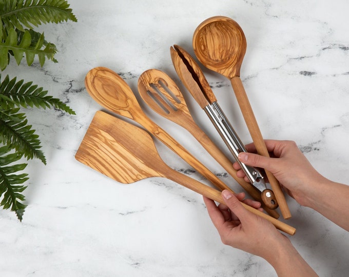 Olive Wood Utensils, Cooking Utensil Set, Wood Kitchen Tools, Wooden Ladle, Wood Cooking Spoon, Natural Kitchen Utensils, Wood Utensil Set