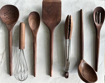 Walnut Wood Kitchen Utensil Set, Handcrafted Natural Cooking Tool, Nontoxic, Plastic-Free, Safe for Nonstick Cookware, Kitchen Wedding Gift