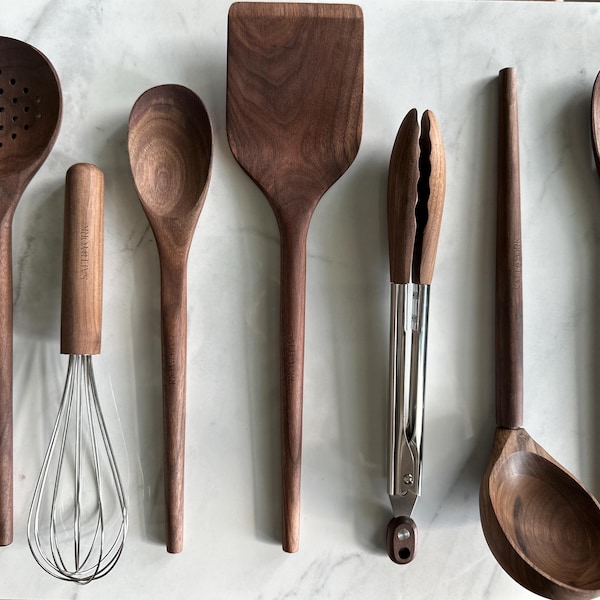 Walnut Wood Kitchen Utensil Set, Handcrafted Natural Cooking Tool, Nontoxic, Plastic-Free, Safe for Nonstick Cookware, Kitchen Wedding Gift
