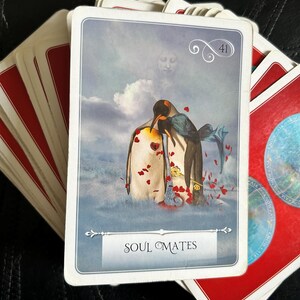 May include: A tarot card with a blue background and two penguins standing on a snowy surface. The card is numbered 41 and the word "Soul Mates" is printed on the bottom. Red hearts are scattered around the penguins.
