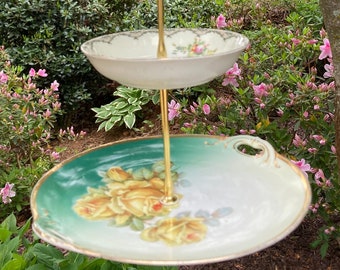 Bird Feeder, Vintage Plate and Bowl, Hanging Bird Feeder, Garden Art, Gift for Mom, Mother's Day, Bird Feeders, Yellow Roses