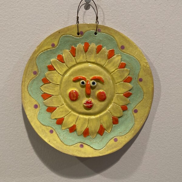 Sun Face Wall Art, Hand Sculpted Sun Face, Hand Painted Sun Face, Ceramic Wall Tile, Garden Wall Hanging, OOAK Tile, Sun Face Art Tile