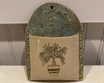 Wall Pocket, Ceramic Wall Pocket, Plant Wall Planter, Green and Blue Planter, Handmade Wall Planter