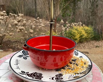 Hanging Bird Feeder, Bee Happy Plate, Red Metal Bowl Bird Feeder, Garden Art, Gift for Mom, Mother's Day, Bird Lover Gift