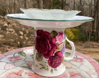 Bird Feeder, Vintage Bowl Bird Bath, Table Top Bird Feeder, Rose Cup, Garden Art, Gift for Mom, Mother's Day, Plant Holder, Planter
