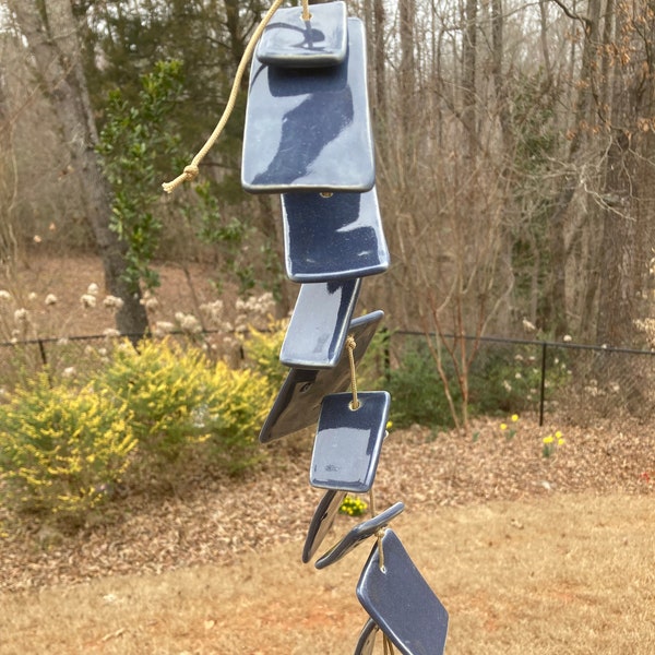 Carillon éolien, bleu avec des bords verts Carillons éoliens, carrés et rectangles Carillon éolien en poterie, carillon éolien unique, fait main 40,24 cm (15 po.)
