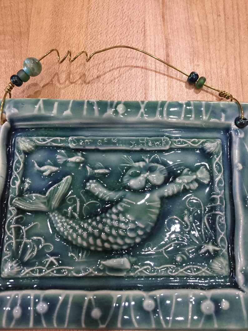 Kitty Cats Cat Wall Hanging Beach House Decor Green Ceramic Art Tile with Cat Mermaid Mermaids