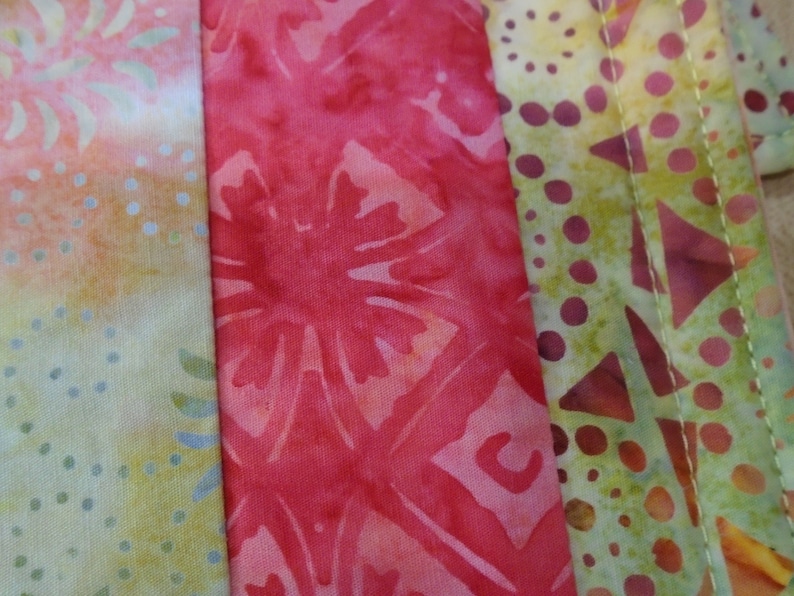 Yellow Pink Orange Coral Strawberry Pink Green Batik Fabric Set of 6 Quilted Cloth Placemats Reversible Placemats Table Placemats
