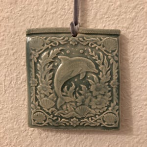 Teal Gray Dophins, Ceramic Ornament, Wall Tile, Pottery, Kitchen Tile, Garden Hanging, OOAK, Miniature Tile, Decorative Tile, Art Tile
