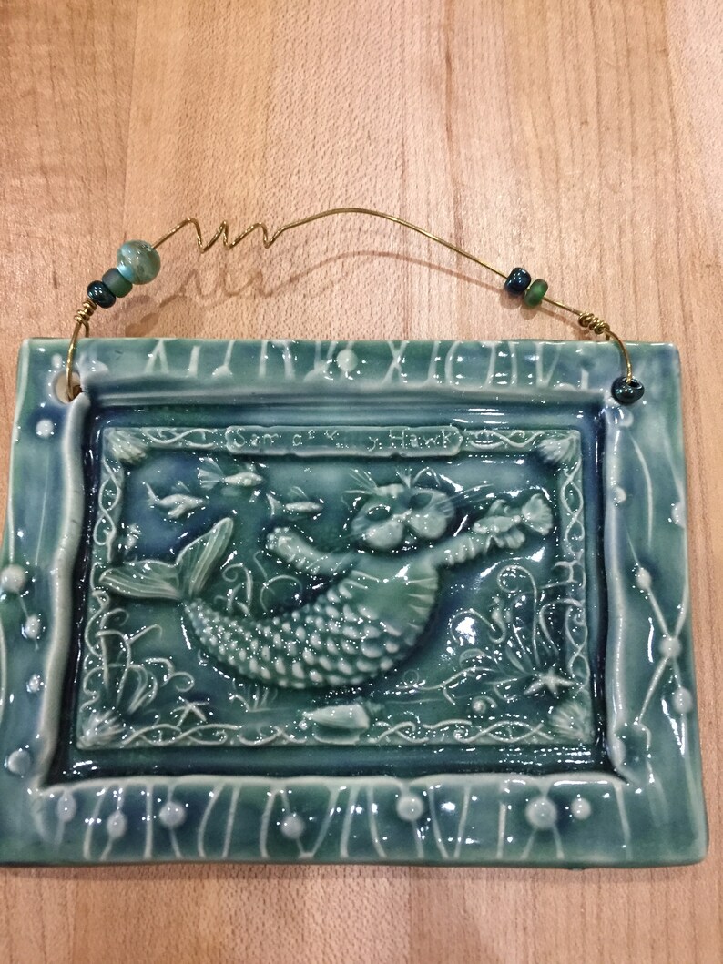 Kitty Cats Cat Wall Hanging Beach House Decor Green Ceramic Art Tile with Cat Mermaid Mermaids