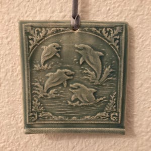 Teal Gray Dophins, Ceramic Ornament, Wall Tile, Pottery, Kitchen Tile, Garden Hanging, OOAK, Miniature Tile, Decorative Tile, Art Tile