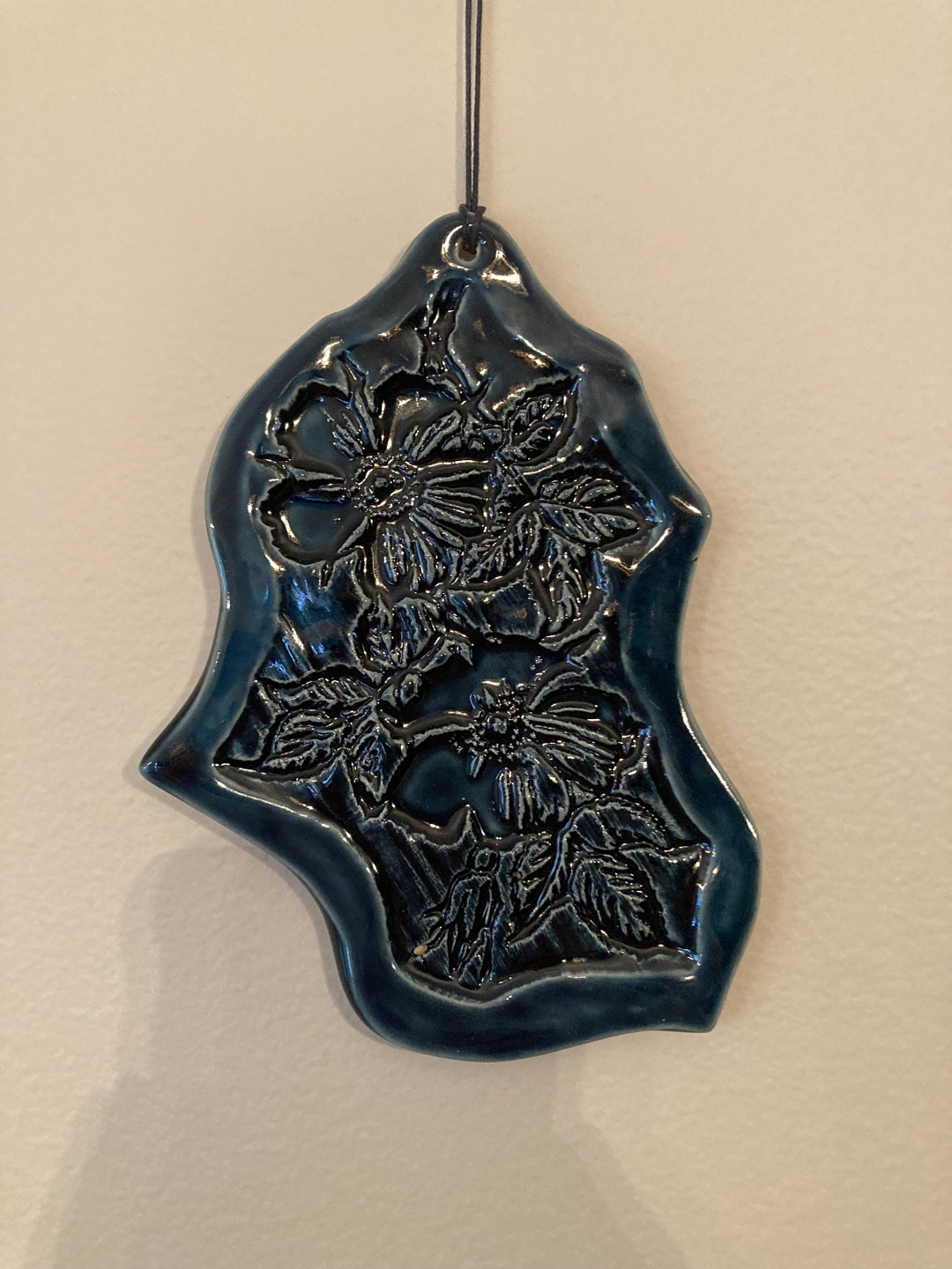 Ceramic Art Tile, Tile Wall Hanging, Art Tile, Deep Blue With Flowers