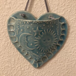 Moon and Stars Heart Wall Pocket, Ceramic Planter, Handmade Hanging Wall Pocket, Wall Vase