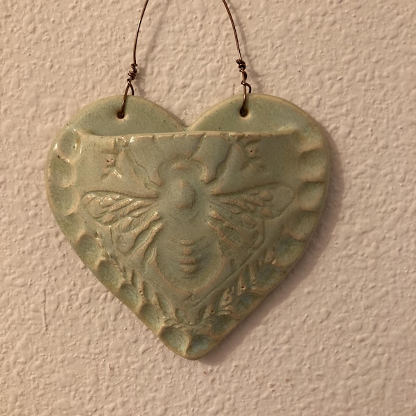 Bee Wall Pocket, Heart Ceramic Planter, Handmade Hanging Wall Pocket, Wall Vase, Bee, Honey Bee