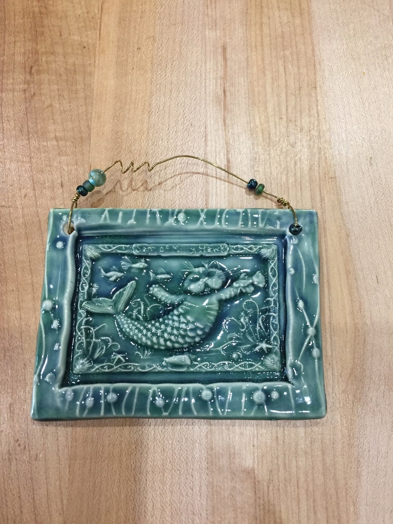 Kitty Cats Cat Wall Hanging Beach House Decor Green Ceramic Art Tile with Cat Mermaid Mermaids