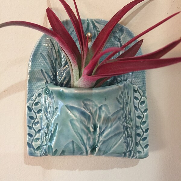 Herb Wall Pocket, Teal Ceramic Wall Planter, Ceramic Vase, Herb Wall Hanging, Indoor Wall Pocket, Air Plant