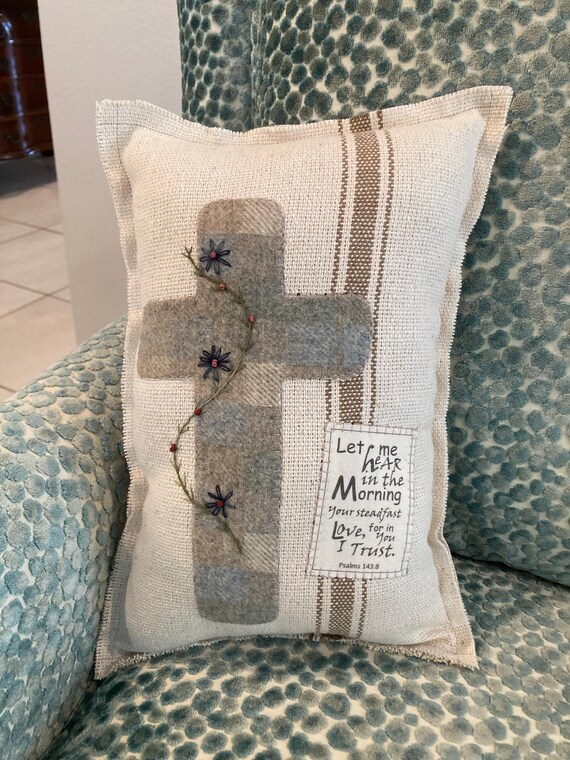 Christian Pillow, Religious Cross Pillow, Primitive Embroidered Pillow, Shabby Chic, Blue Gray Wool Cross, Pillow, Folk Art Pillow, Psalms