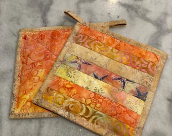 Pot Holders, Set of 2, Yellow and Peach Pot Holders, Kitchen Pot Holders, Handmade Pot Holders, Quilted Pot Holders, Trivets, Batik Fabric
