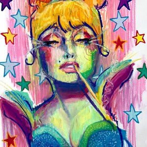 May include: Colorful oil pastel portrait of a woman with yellow hair and a blue dress, surrounded by stars. The artwork features vibrant colors and expressive brushstrokes, creating a whimsical and artistic aesthetic.