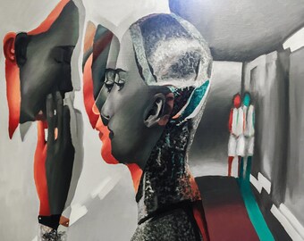 May include: Abstract painting of three figures with overlapping faces. The figures are painted in shades of gray, black, red, and blue. The background is a light gray.