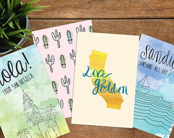 Postcards, Postcard set, Watercolor art, Travel art, california post cards, San Diego post cards, wedding favors, california wedding