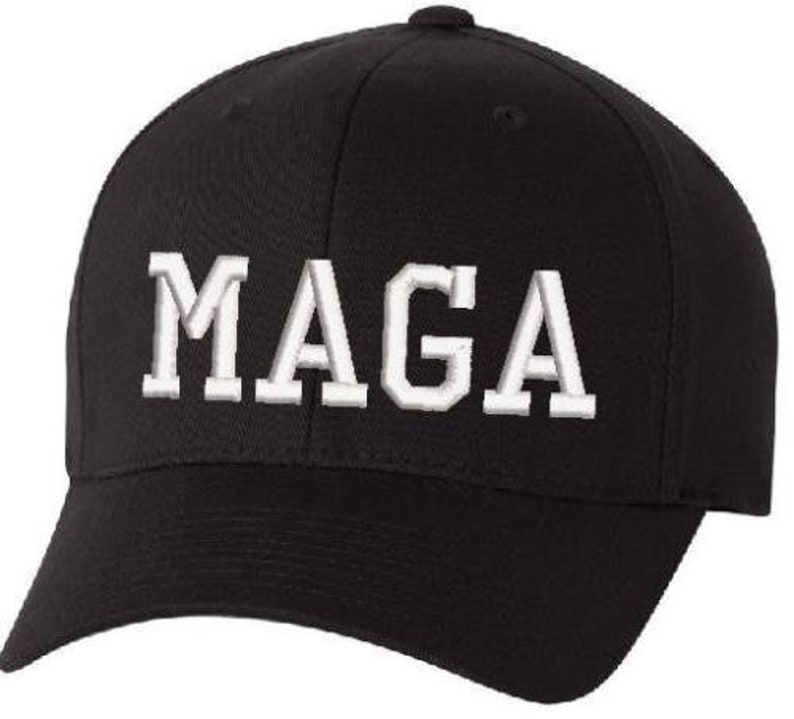 Make America Great Again MAGA Flex fit or Adjustable Blackout Hat with side Flag