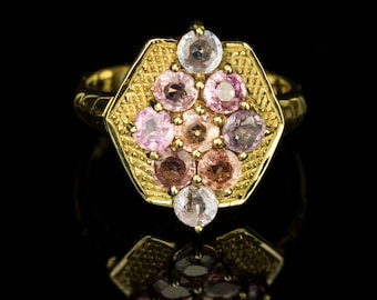 Stunning Unique Art Deco Design 9ct Gold 1.35ct Multi Coloured Sapphire Cluster Ring, Made in England, 1980s