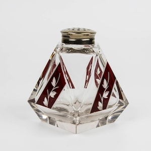 RARE Stunning Art Deco Bohemian Cut Glass Red Enamelled Powder Shaker Bottle, 1930s