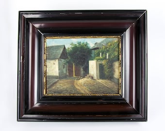 Elegant 'Cobbled street scene with buildings' Oil on Board, Painting, in a Dark Red Frame