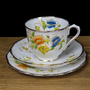 Stunning Royal Albert Teacup Trio with Orange, Blue and Yellow Poppies,1930s, Made in England