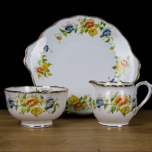Vintage Royal Albert Milk Jug/Creamer, Sugar Bowl and Cake Serving Plate with Orange, Blue and Yellow Poppies,1930s, Made in England